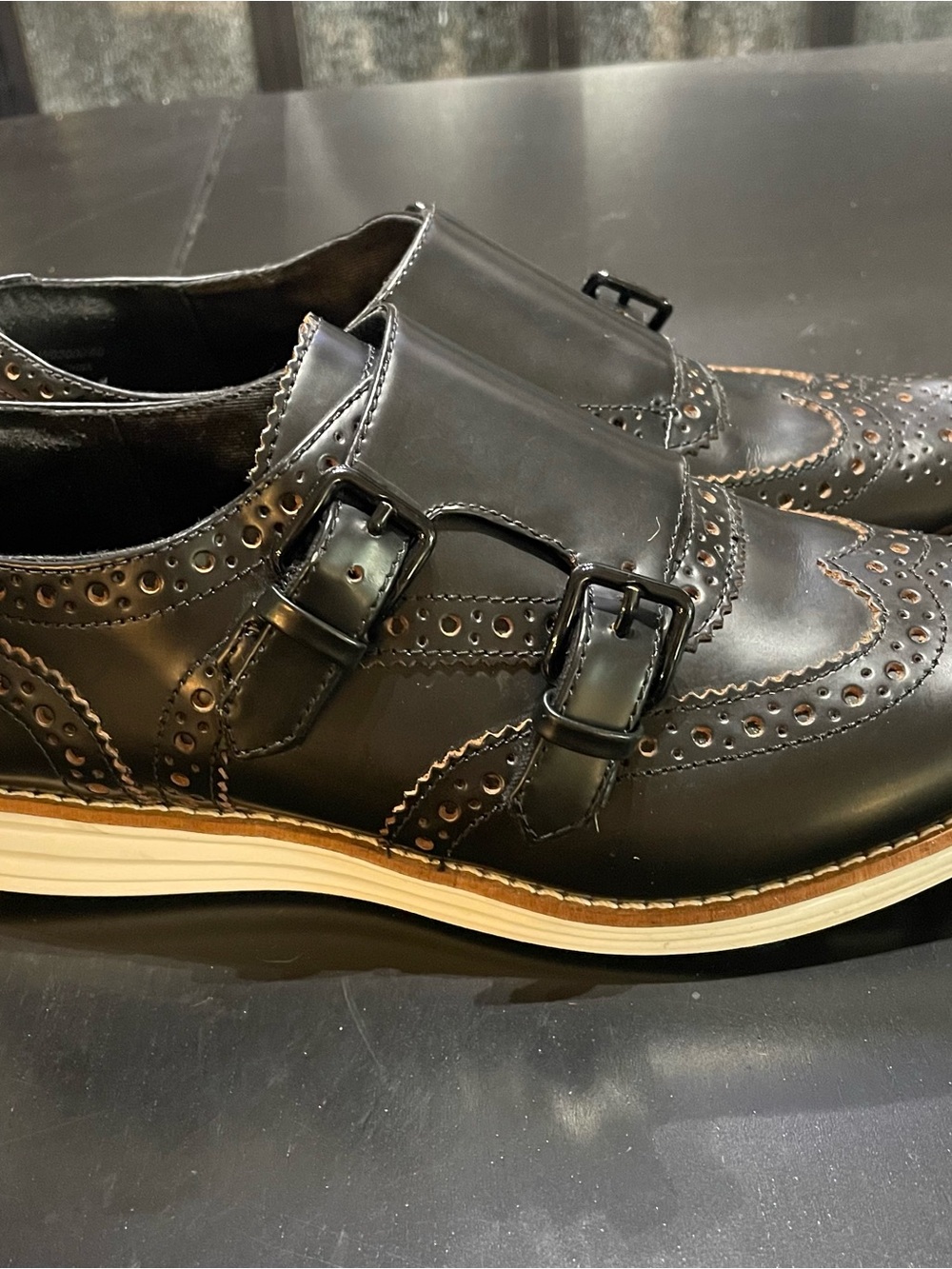 Womens Cole Haan Wingtip Monk Strap Buckle Black Double Strap oxford Shoes sz 6